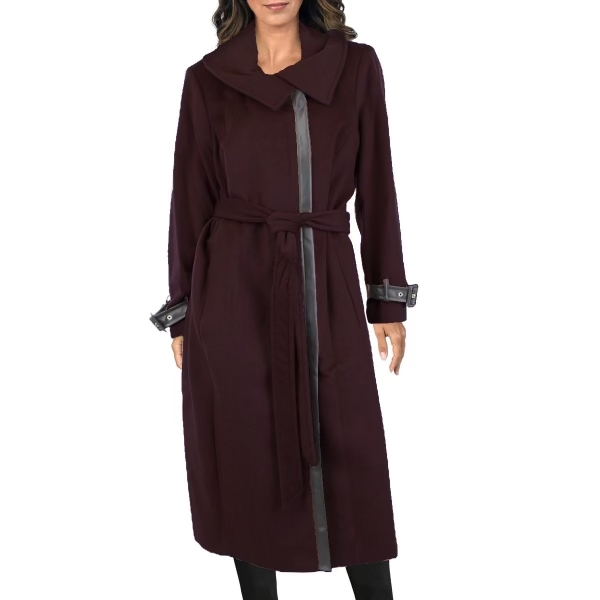 Cole Haan Plus Faux Leather Trim Wool Blend Belted Wrap Coat - Bordeaux *Take an EXTRA 25% Off*