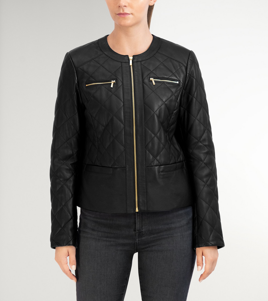 Cole Haan Collarless Quilted Lambskin Leather Jacket - Black