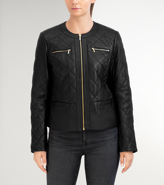 Cole Haan Collarless Quilted Lambskin Leather Jacket - Black *Take an EXTRA 25% Off*