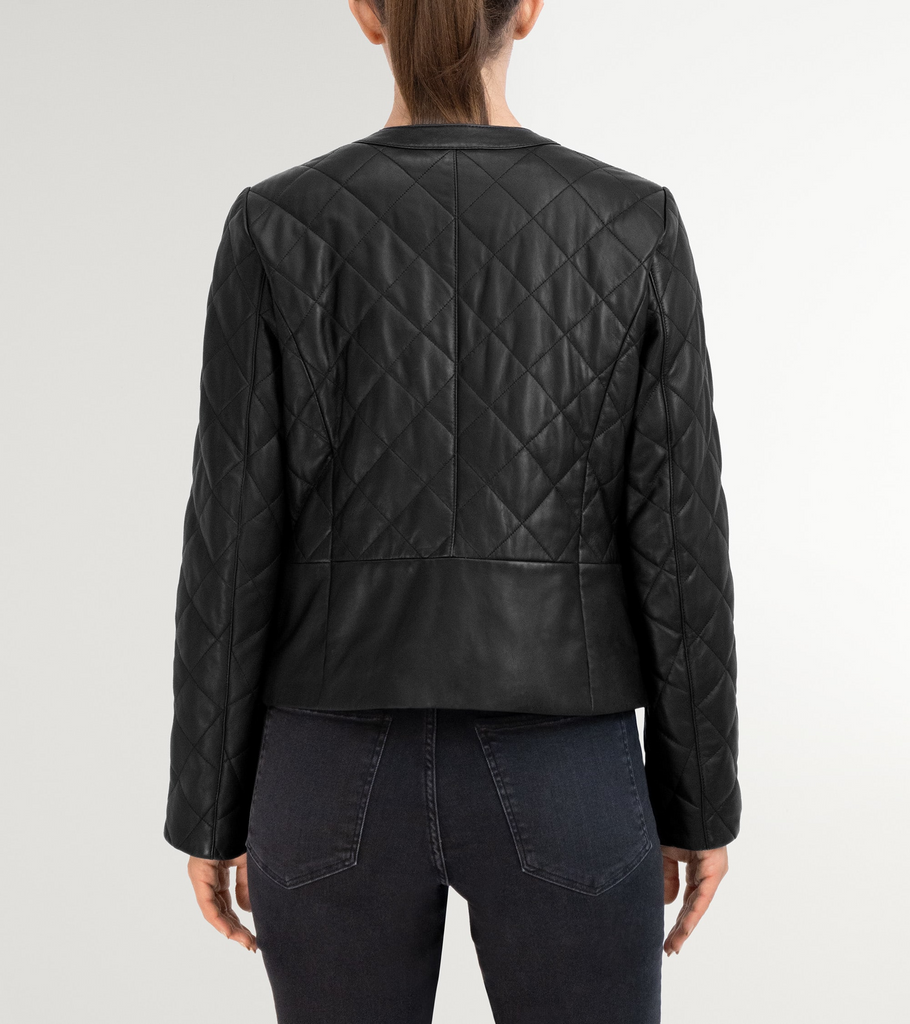 Cole Haan Collarless Quilted Lambskin Leather Jacket - Black