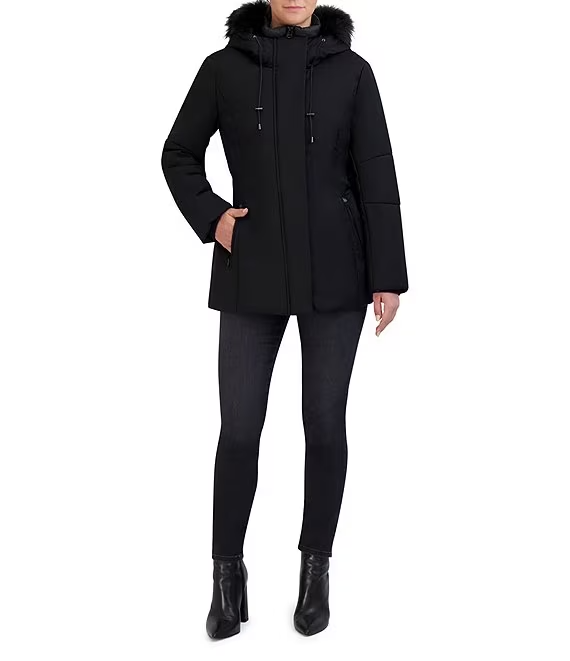 Cole Haan Hooded Twill Coat with Removable Faux Fur Trim - Black