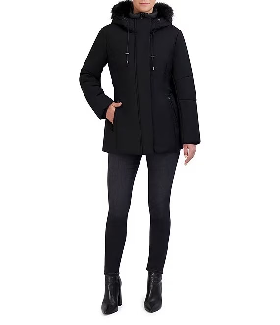Cole Haan Hooded Twill Coat with Removable Faux Fur Trim Black Rippe s
