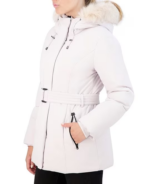 Cole Haan Hooded Twill Coat with Removable Faux Fur Trim - Cream