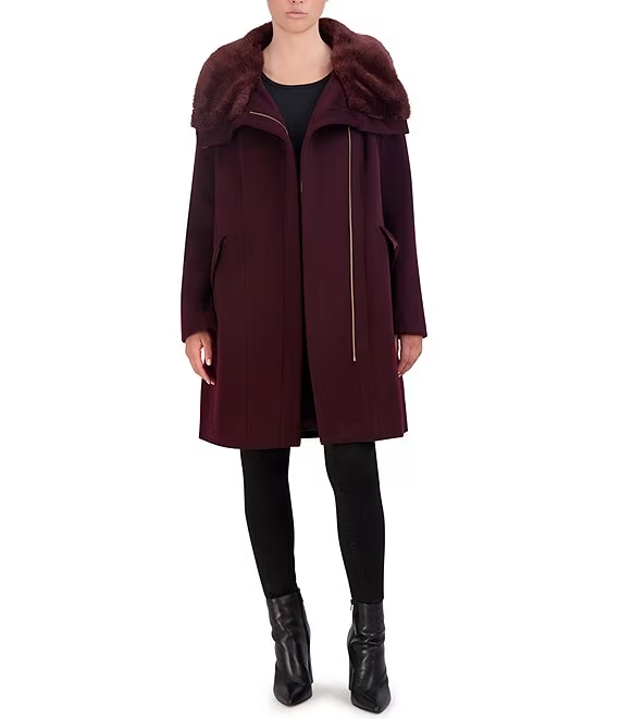 Cole Haan Faux Fur Collar Wool Blend Coat Bordeaux Take an