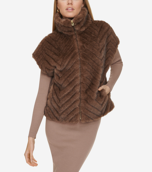 Cole Haan Faux Fur Cap Sleeve Zip Front Vest - Taupe