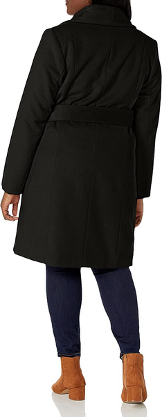 Cole Haan Wide Collar Belted Wool Blend Wrap Coat - Black