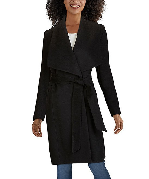 Cole Haan Wide Collar Belted Wool Blend Wrap Coat - Black