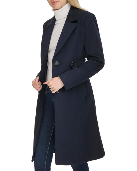 Cole Haan Tab Waist Slick Wool Walker Coat - Navy