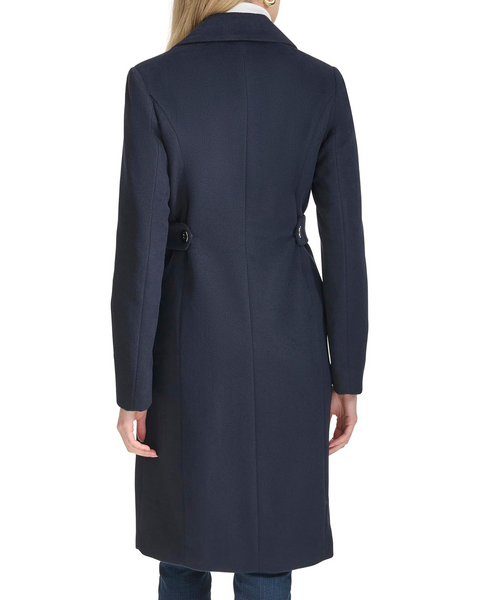 Cole Haan Tab Waist Slick Wool Walker Coat - Navy