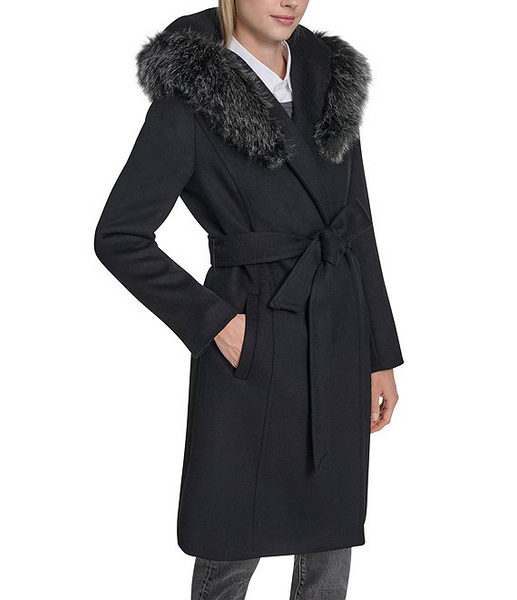 Cole Haan Hooded Wool Blend Wrap Coat with Faux Fur Trim - Black