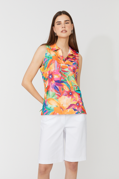 Compli K Tropical Print Sporty Sleeveless Polo Top - Multicolor