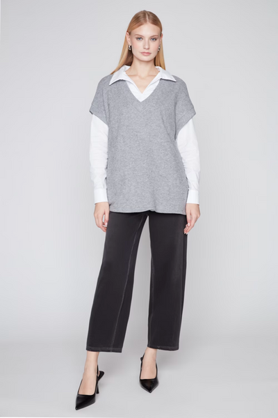 Compli K Oversized Short Sleeve V-Neck Textured Knit Pullover Sweater - Grey