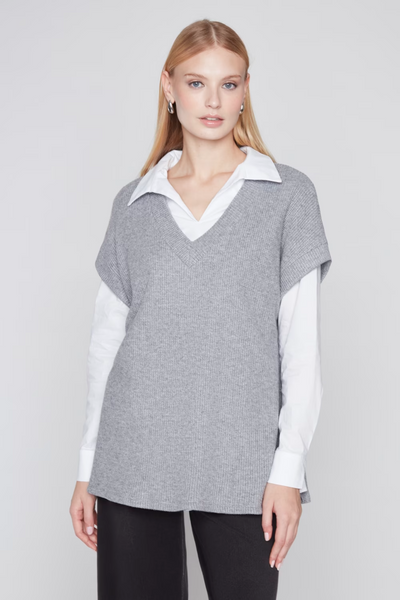 Compli K Oversized Short Sleeve V-Neck Textured Knit Pullover Sweater - Grey
