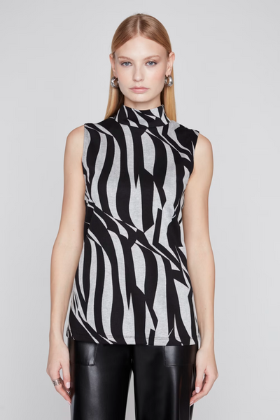 Compli K Sleeveless Zebra Print Mock Neck Top - Black/Grey