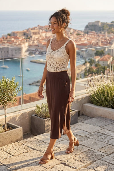 Compli K Pull-On Jersey Midi Skirt with Side Slits - Chocolate