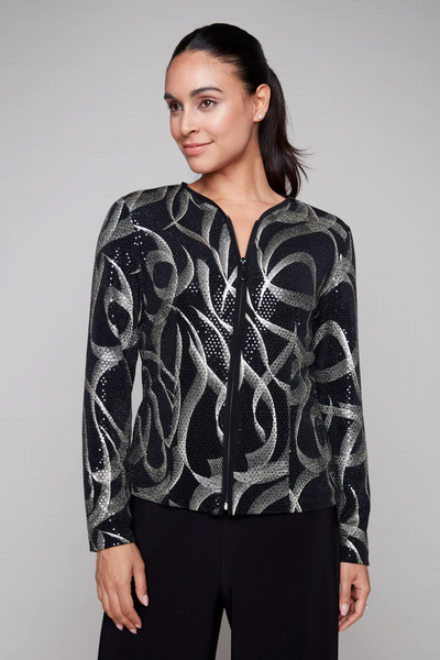 Compli K Sequin Embellished Abstract Print Zip Front Jacket - Black/Gold
