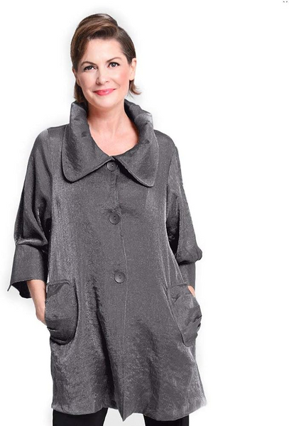 Damee Portrait Collar Shimmer Swing Jacket - Gray