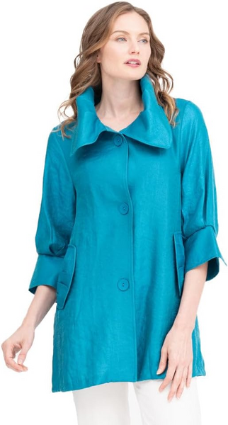 Damee Portrait Collar Shimmer Swing Jacket - Teal