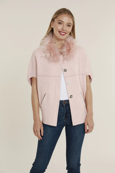 Dolce Cabo Fur Collar Structured Short Sleeve Sweater Jacket - Blush