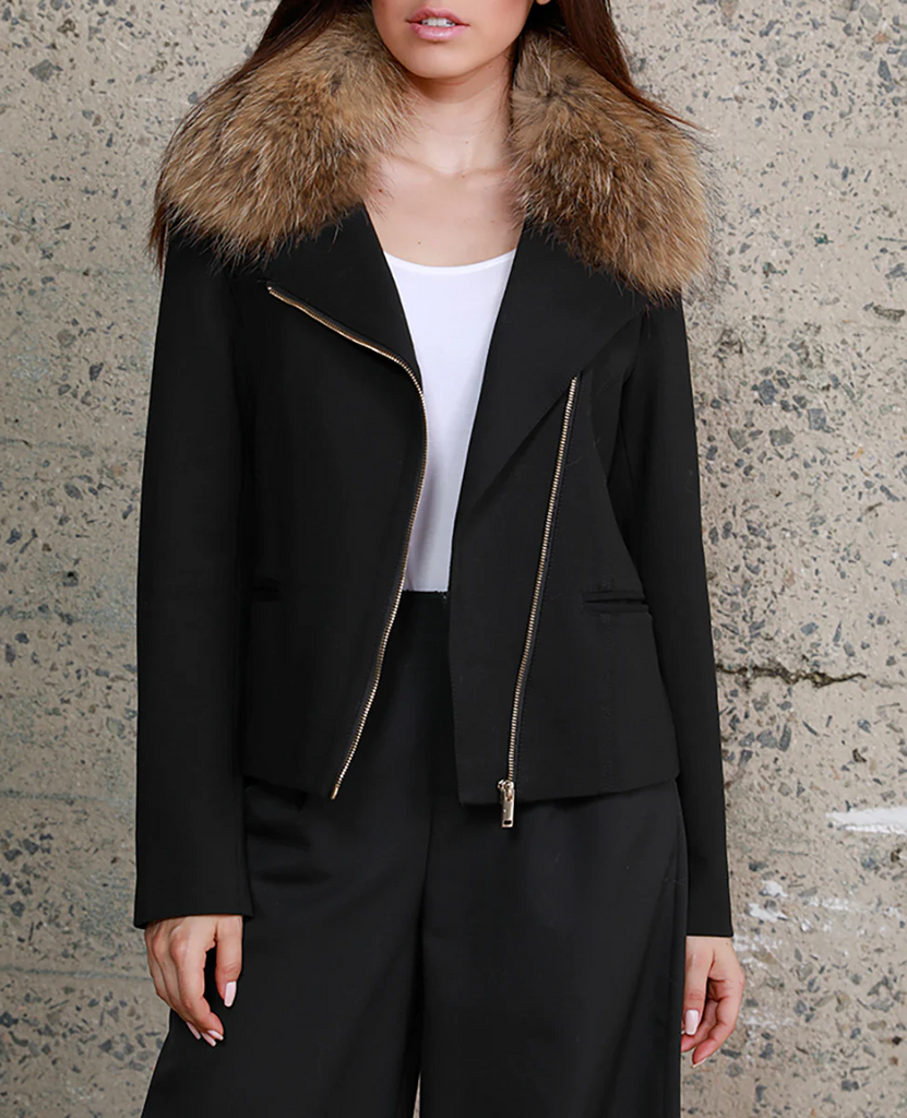 Dolce Cabo Ponte Knit Asymmetric Moto Jacket with Raccoon Fur Collar - Black/Chestnut *Take an EXTRA 25% Off*
