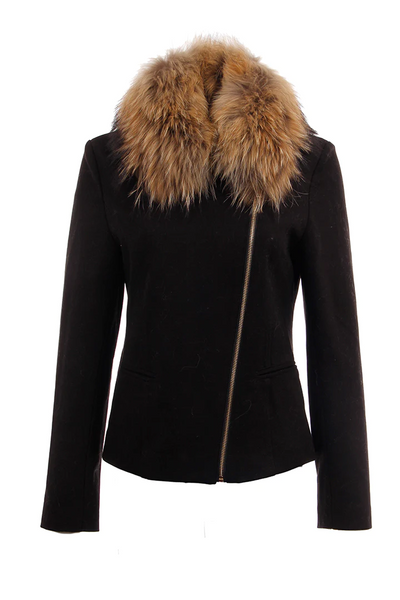 Dolce Cabo Ponte Knit Asymmetric Moto Jacket with Raccoon Fur Collar - Black/Chestnut *Take an EXTRA 1/2 Off*