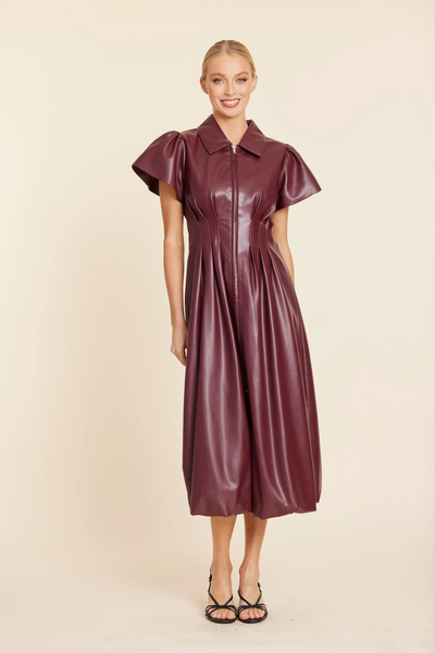 Dolce Cabo Faux Leather Zip Midi Bubble Dress - Burgundy