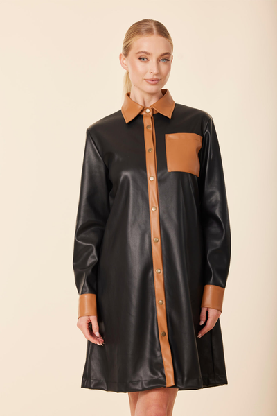 Dolce Cabo Vegan Leather Color Block Tunic Dress - Black/Brown
