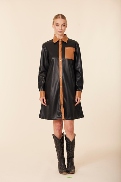 Dolce Cabo Vegan Leather Color Block Tunic Dress - Black/Brown