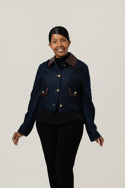 Dolce Cabo Cotton Denim Crop Jacket with Vegan Leather Trim - Denim Blue