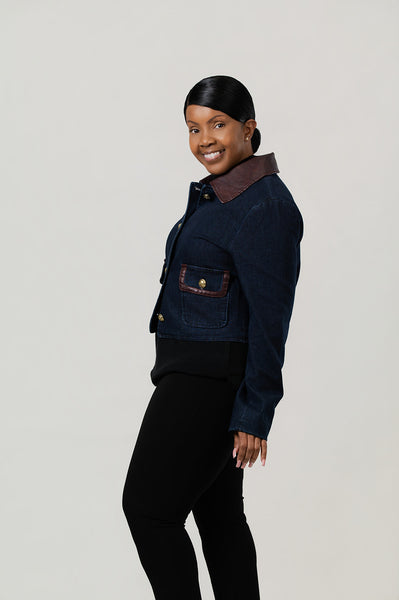 Dolce Cabo Cotton Denim Crop Jacket with Vegan Leather Trim - Denim Blue