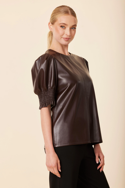 Dolce Cabo Vegan Leather Puff Sleeve Top - Coffee
