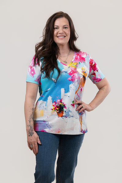 Dolcezza Summer in Santorini Print Short Sleeve V-Neck Top - Blue/Multicolor