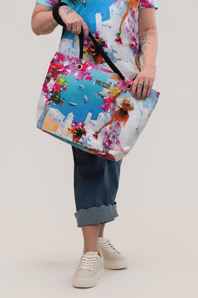 Dolcezza Summer in Santorini Twist Rope Handle Zip Top Toe Bag - Blue/Multicolor