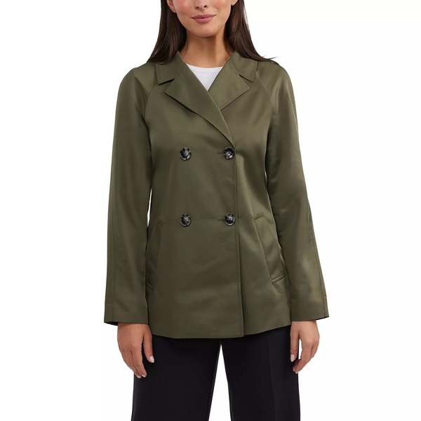 Ellen Tracy Short Double Breasted Raglan Sleeve Raincoat - Khaki