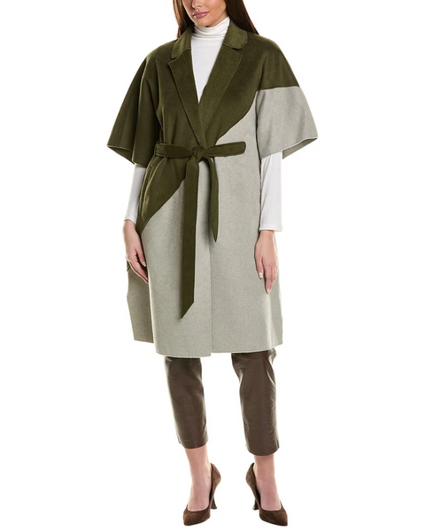 Ellen Tracy Double Face Wool Blend Handmade Color Block Cape - Grey Mix