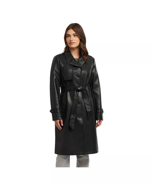 Ellen Tracy Vegan Leather Belted Trench Coat - Black