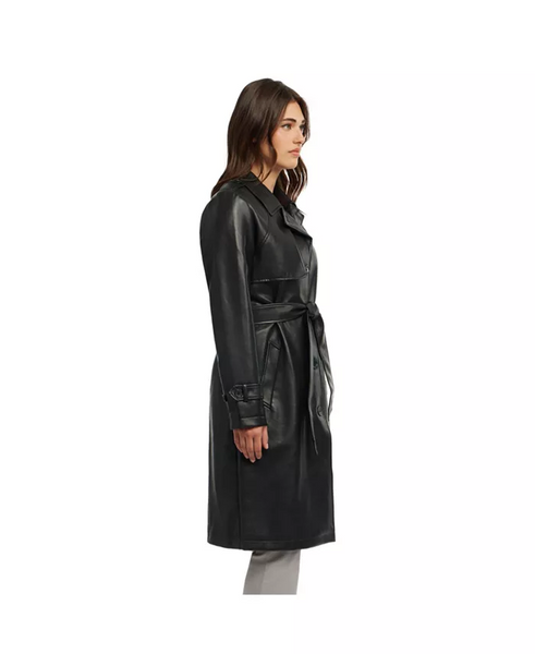 Ellen Tracy Vegan Leather Belted Trench Coat - Black