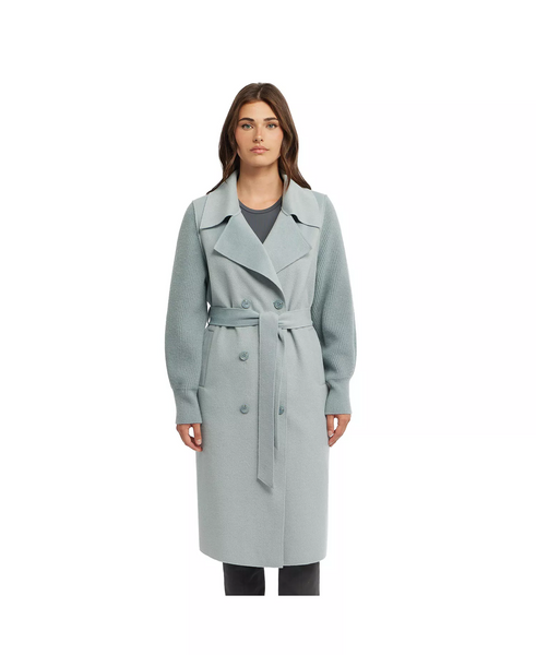 Ellen Tracy Double Breasted Double Face Wool Blend Knit Sleeve Coat - Dusty Blue