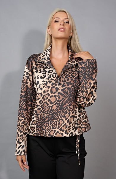 Picadilly Leopard Print Scuba Knit Quarter Zip Pullover with Cinched Hemline - Dijon/Multicolor