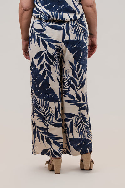 Steven Guy Wide Leg Leaf Print Pull On Pant - Beige/Navy