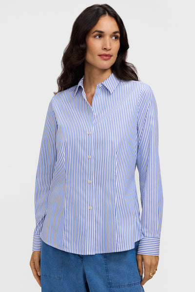 Foxcroft Dianna Essential Cotton Pinpoint Non-Iron Shirt - Blue/White Stripe