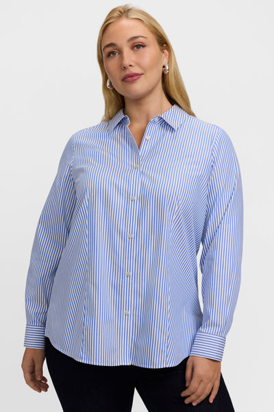 Foxcroft Dianna Plus Size Essential Cotton Pinpoint Non-Iron Shirt - Blue/White Stripe