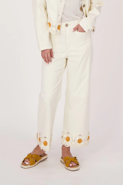 Gabby Isabella Stretch Cotton Denim Flower Hem Pant - Beige