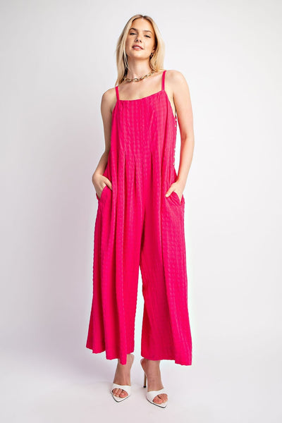 GiGiO Textured Woven Sleeveless Wide Leg Jumpsuit - Fuchsia