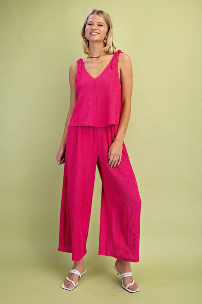 GiGiO Set Illusion Shoulder Tie Crinkle Textured Jumpsuit - Fuchsia