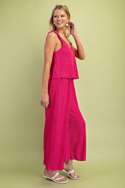 GiGiO Set Illusion Shoulder Tie Crinkle Textured Jumpsuit - Fuchsia