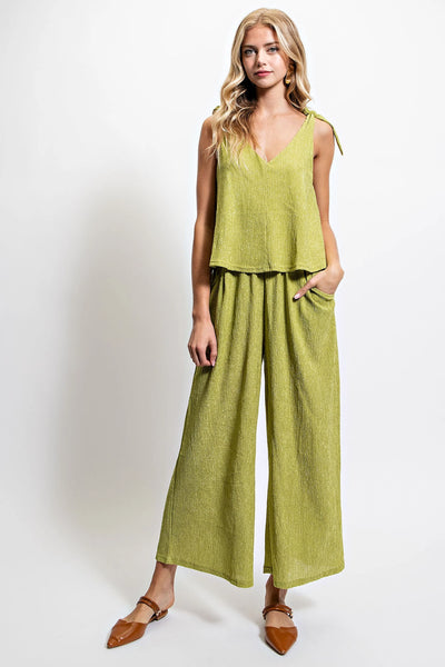 GiGiO Set Illusion Shoulder Tie Crinkle Textured Jumpsuit - Green