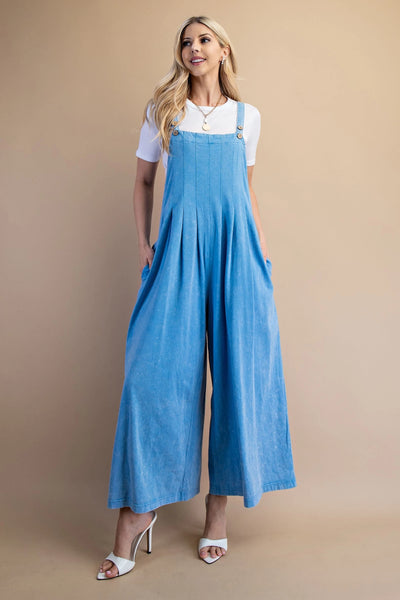 GiGiO Mineral Wash Button Strap Pleated Jumpsuit - Denim Blue