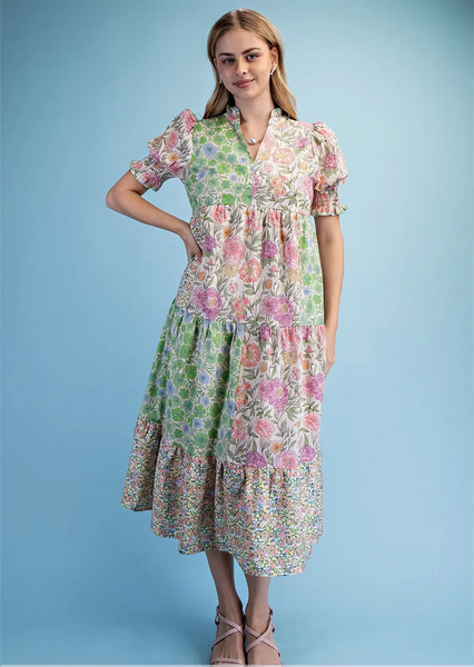 gigio maxi dress GiGiO Mixed Floral Print Short Sleeve Tiered Midi Dress