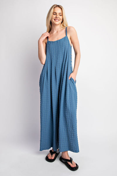 GiGiO Textured Woven Sleeveless Wide Leg Jumpsuit - Denim